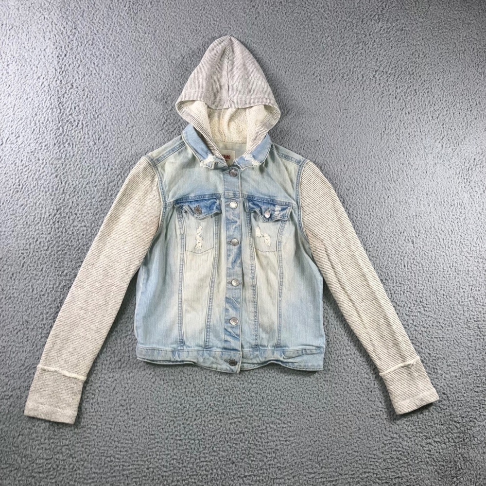 Distressed Denim Jacket Women L Light Wash Striped Hooded Mixed Media Grunge y2k